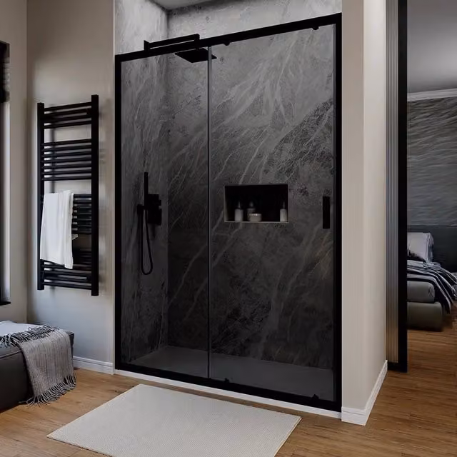 Porta doccia 120 cm scorrevole profili nero opaco vetro 6mm fumé h190 | Sicily