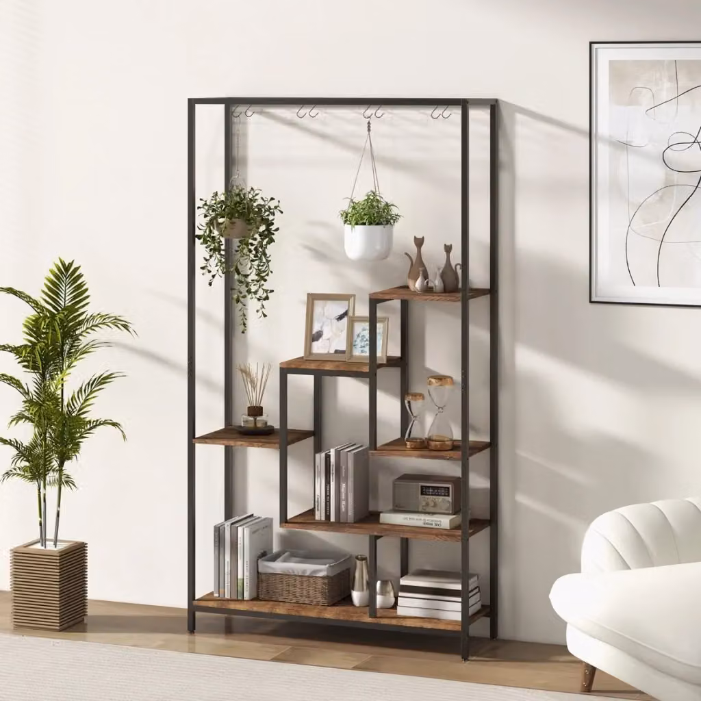 Scaffale porta piante in metallo e legno marrone con 6 ripiani e 10 ganci, Altezza: 180 cm, Larghezza: 100 cm, Profondità: 30 cm – 2
