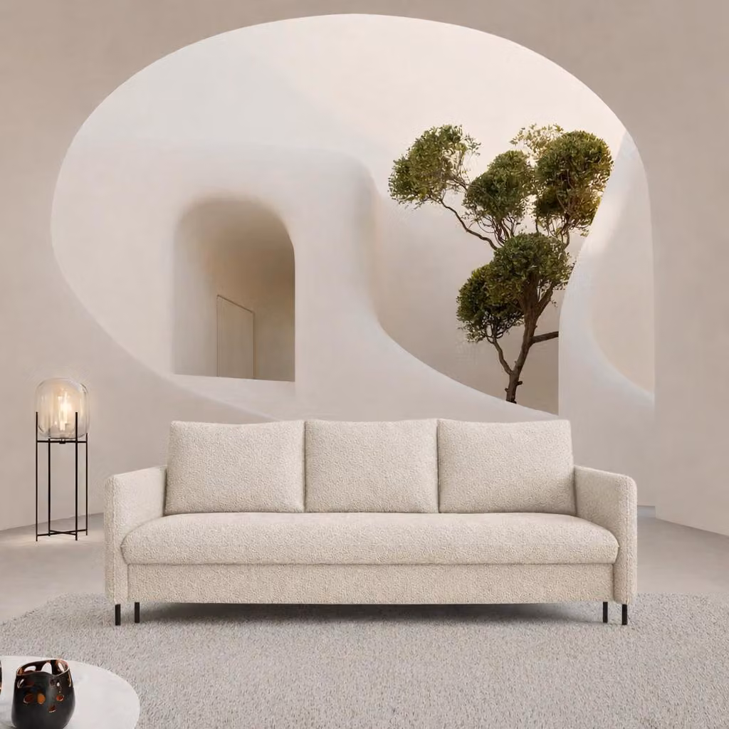 Divano letto Sofello BELIssA beige in tessuto bouclé, con contenitore per biancheria e cuscini – divano con funzione letto, superficie di riposo 202x150 cm. Spedizione in 3 giorni!