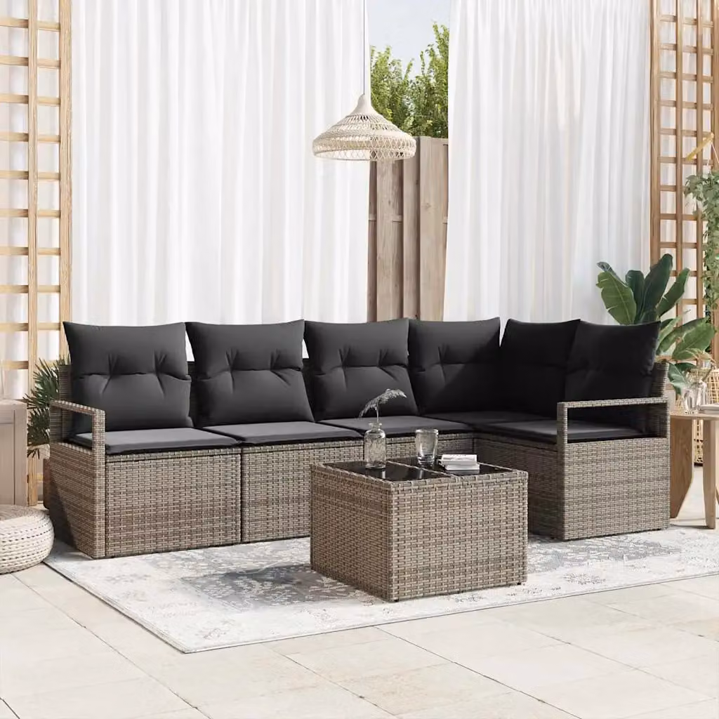Set Divano da Giardino vidaXL 6 Pezzi a Forma di L Grigio con Cuscini e Tavolino da Caffè in Polyrattan e Metallo – 1