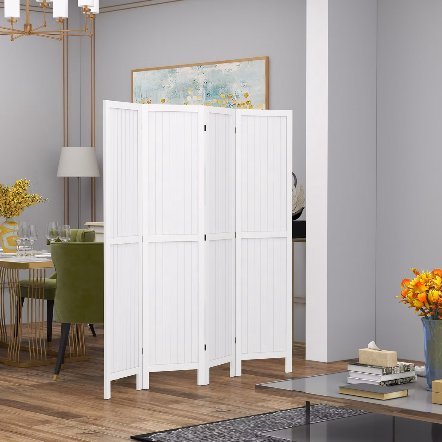 Paravento divisorio in legno HOMCOM a 4 pannelli pieghevole, bianco, H 170 cm x L 160 cm – 2