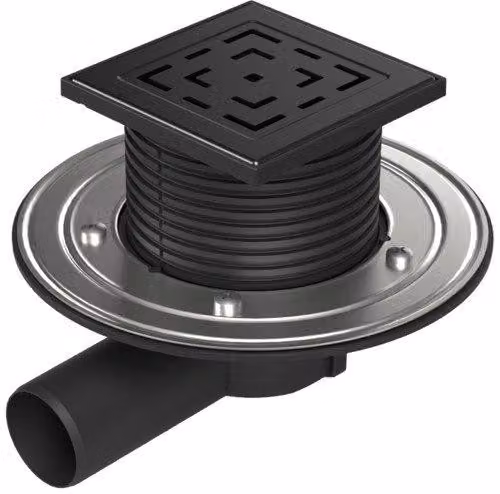 Sgocciolatoio da pavimento Chud?j, laterale, nero, D50, flangia in acciaio inossidabile, griglia LABYRINTH nera, L1 381 B C