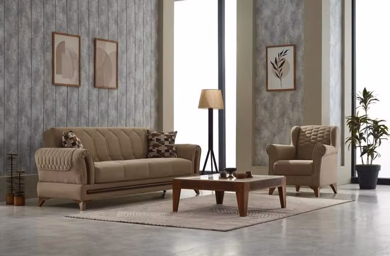 Garnitur Sofagarnitur Couch Polstersofa Dreisitzer Sessel Beige 2tlg