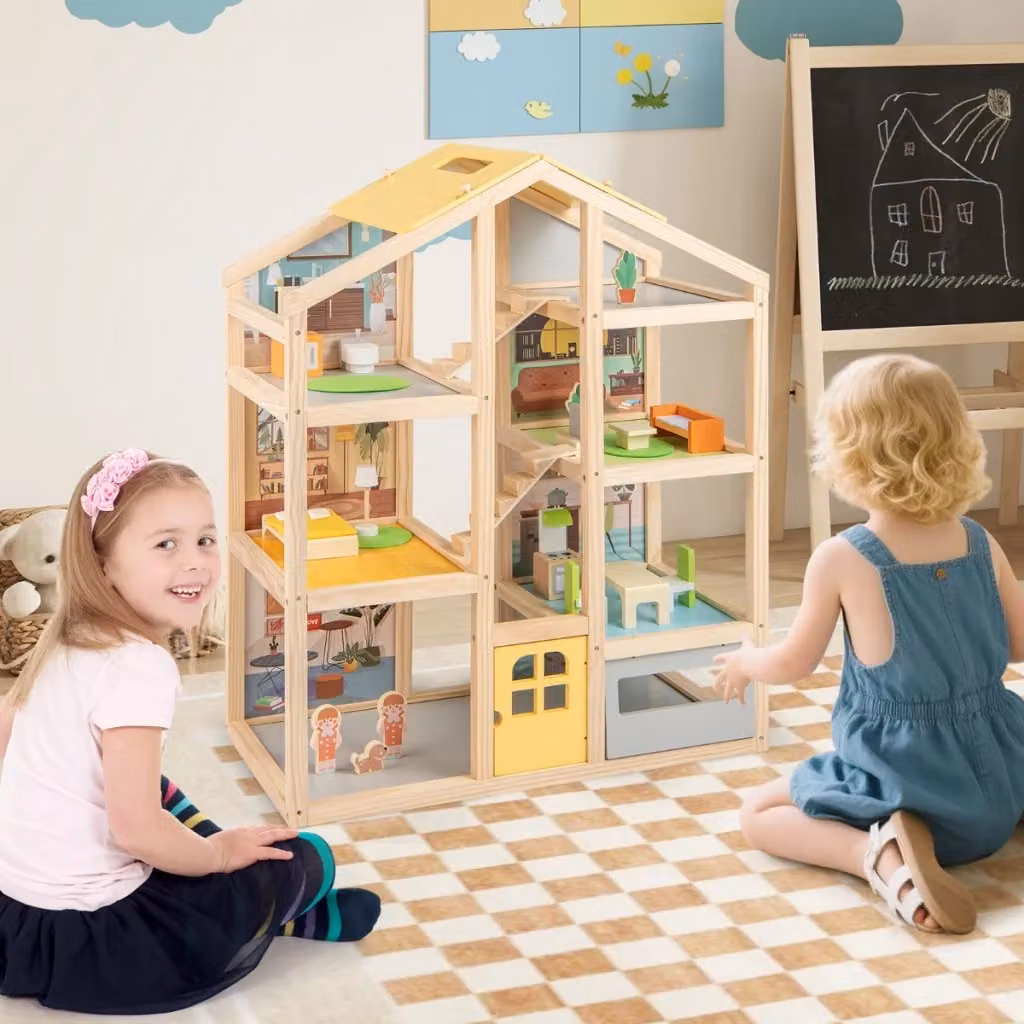 Casa delle bambole in legno Naturale con mobili, figure, garage e porta apribile, multicolore, L/P/H: 36 x 21 x 21 cm – 2