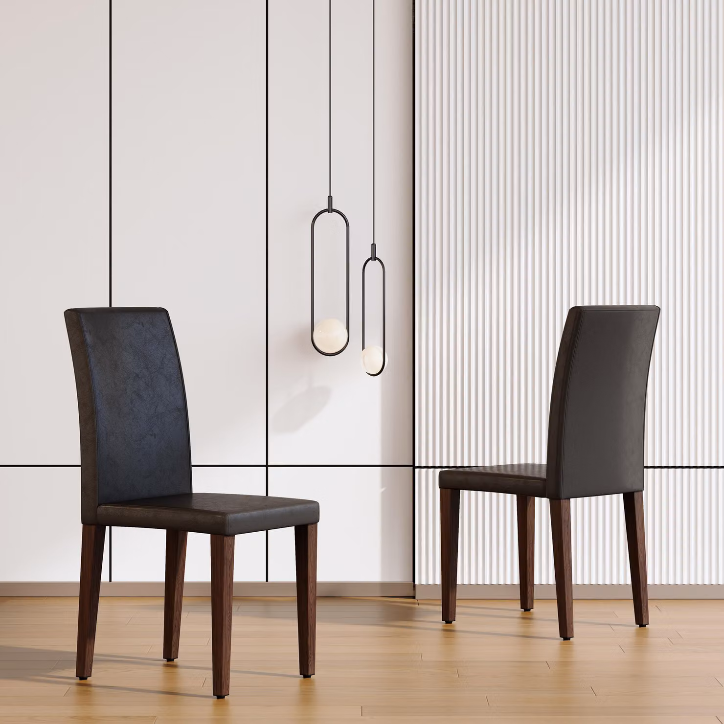 Set di 2 sedie da pranzo, design minimalista, rivestite in ecopelle, gambe in metallo, aspetto legno, stile moderno (noce e nero)