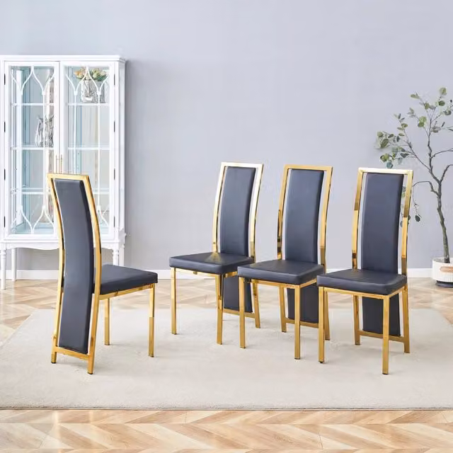 Set 4 sedie da pranzo con schienale alto 109 cm in PU nero e metallo dorato HAVRYA