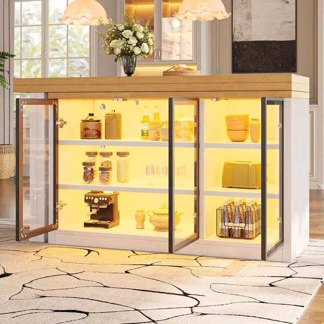Tavolo da pranzo allungabile con armadio laterale, ripiani regolabili e LED per cucina, bianco, 120 × 40 × 72 cm