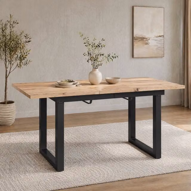 Tavolo da pranzo allungabile in stile industriale con piano in MDF e struttura in metallo nero e naturale