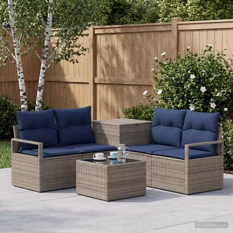 Set di divani da giardino vidaXL a forma di L composto da 6 pezzi in rattan sintetico e metallo con cuscini inclusi, colori grigio e blu navy