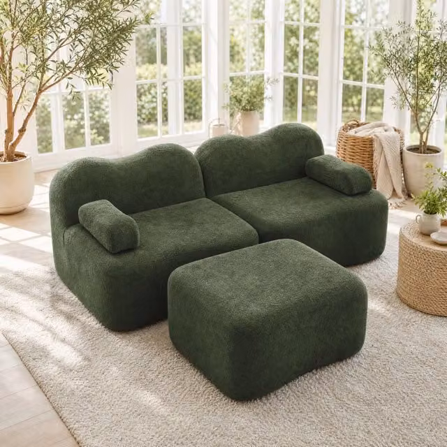 Divano modulare L 192x167x70 cm in velluto verde con ottomana, per piccoli spazi –