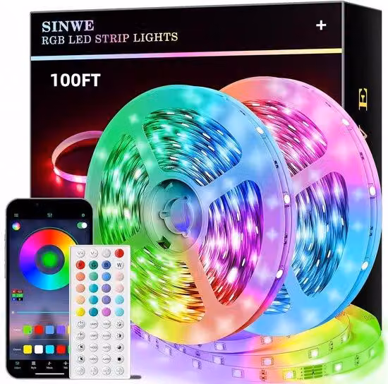 Strisce LED multicolori con luminosità RGB dinamica, controllo intelligente dell'illuminazione, luminosità sincronizzata con la musica e regolazione automatica della luminosità, lunghezza 30 m.
