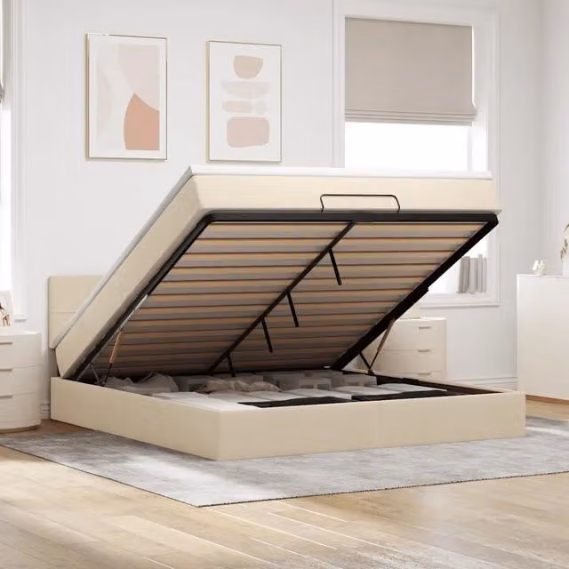 Letto con contenitore a sollevamento vidaXL in tessuto beige e bianco con materasso, L: 160 cm, P: 200 cm, H: 88 cm – 1