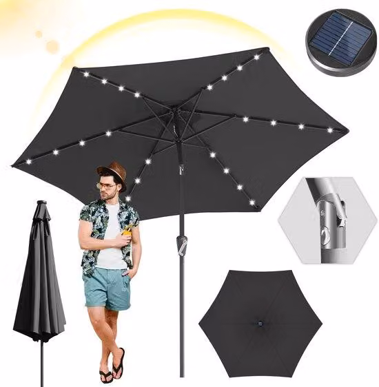Ombrellone - Per giardino - Per balcone - Ombrellone - 2,7 metri - Inclinazione di 30° - Impermeabile - Con luci LED - Grigio