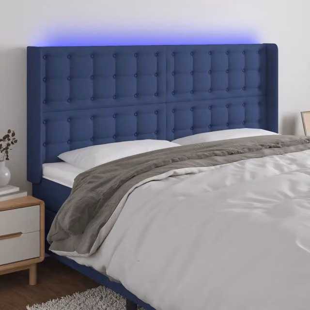 Testiera con LED Blu Design Mania in Tessuto con Porte USB L: 183 cm, P: 16 cm, H: 118/128 cm – 1