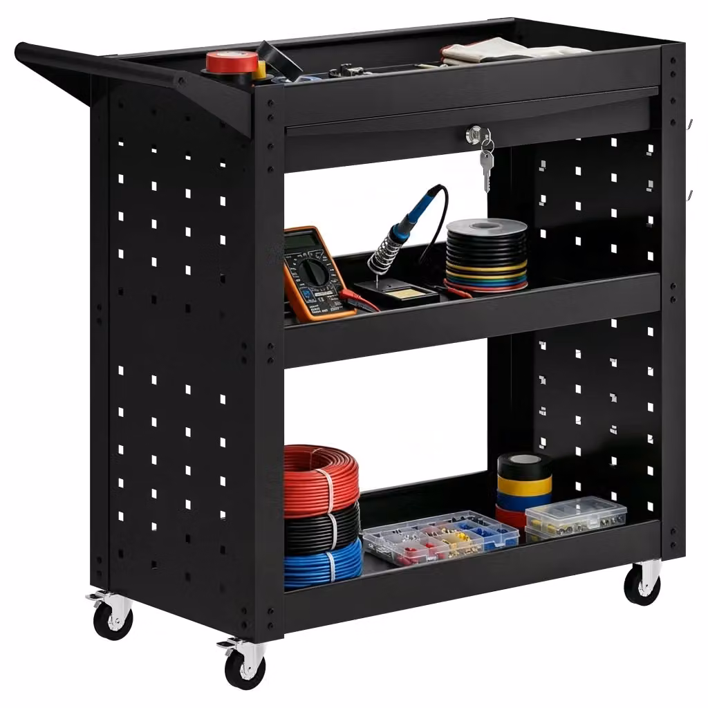 Carrello portautensili Minimal con 3 livelli, cassetto e pannello forato, nero, con ruote bloccabili – 2
