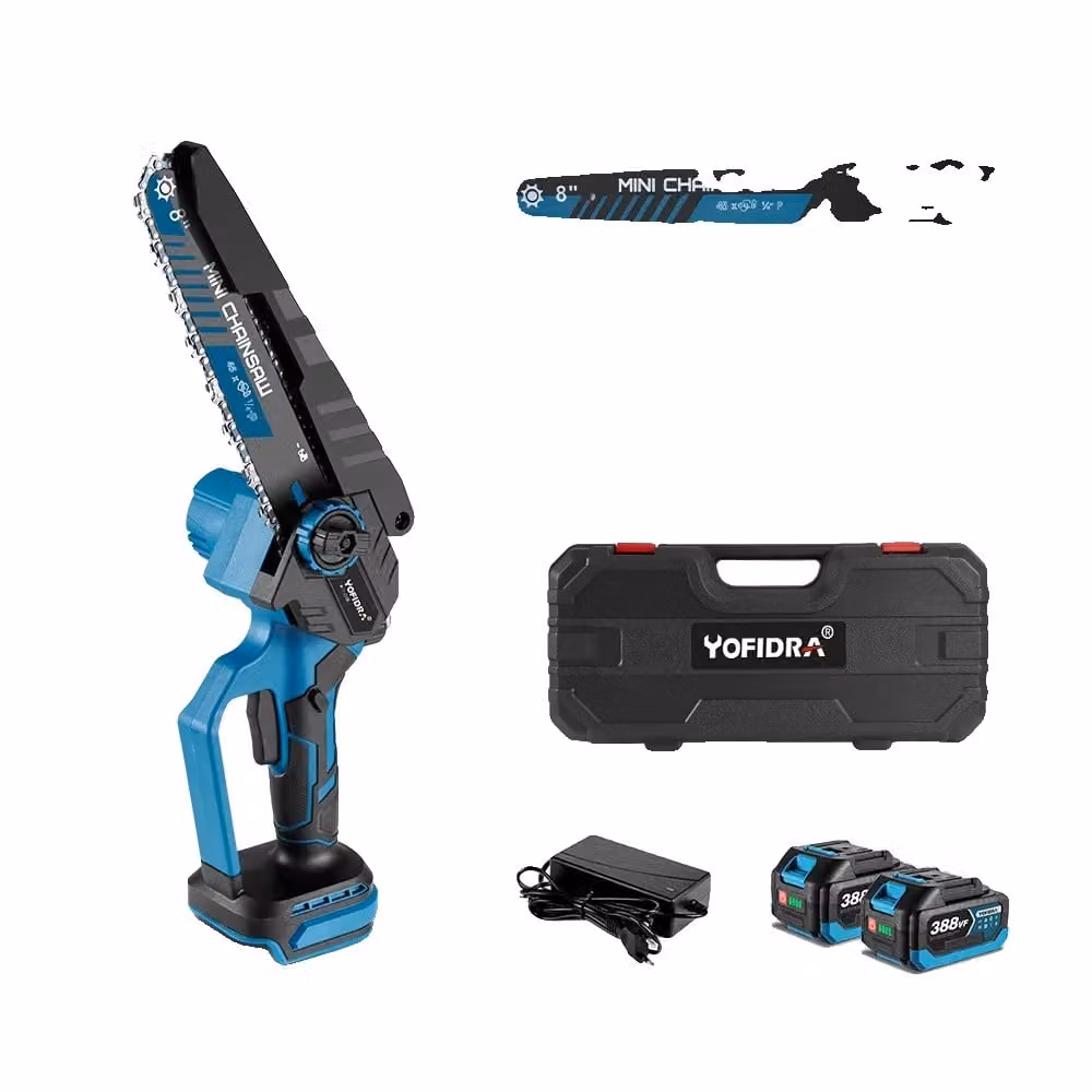 Troncatrice a catena elettrica, motore brushless da 18V, lama da 20 cm, alimentazione a batteria per maggiore praticità. Batteria con spina di tipo europeo.