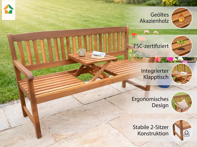 Panca da giardino a due posti con tavolino pieghevole, realizzata in legno di acacia, dimensioni 153 x 57 x 88 cm