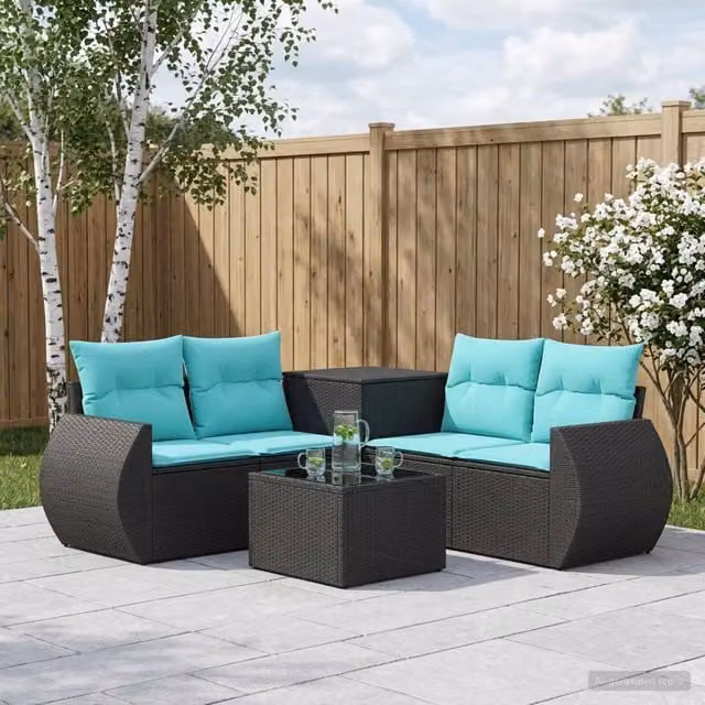 Set di divani da giardino a forma di L vidaXL con tavolo da caffè, 6 pezzi, nero e blu, in rattan sintetico e metallo