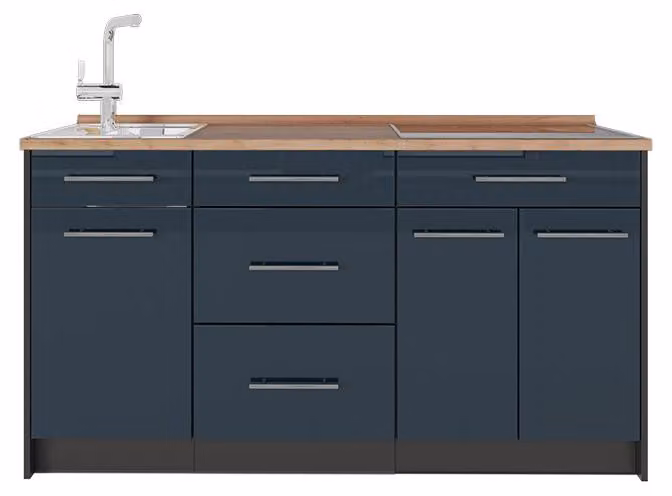 Cucine componibili piccole Vicco Fame-Line Blu scuro lucido 150 cm, PL Rovere, Model 65388