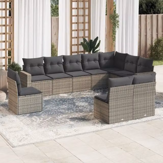 Set Divano da Giardino 10 pz con Cuscini Grigio in Polyrattan 3219100