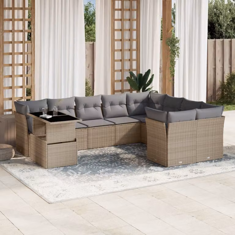 Set Divano da Giardino vidaXL 10 pz a Forma a L con Cuscini Beige e Grigio in Polyrattan e Acciaio