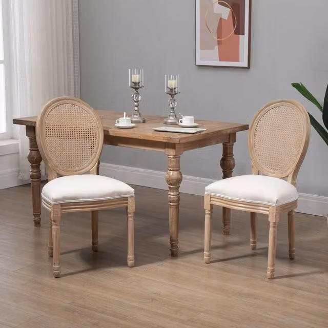 EasyComfort Set 2 Sedie per Soggiorno in Stile Vintage con Schienale Traforato, in Legno e Tessuto, 49x56x96cm, Bianco Crema