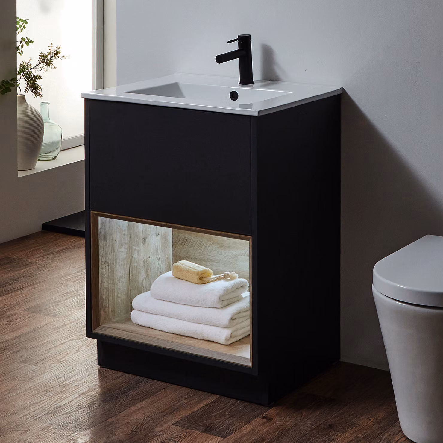 Mobile Bagno con Ripiano Aperto da 610mm in Grigio Nero con Lavabo e Luci LED
