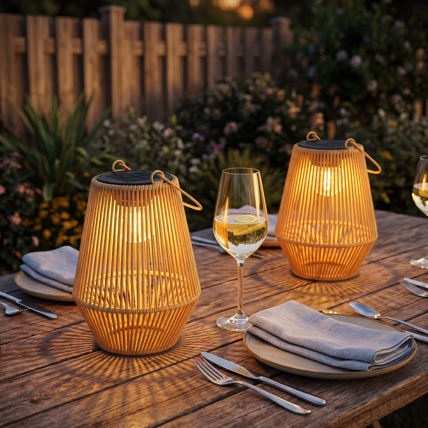Set di 2 lampade solari Outsunny in rattan marrone con accensione automatica IP44, L/P/H: 16 x 16 x 21 cm – 2
