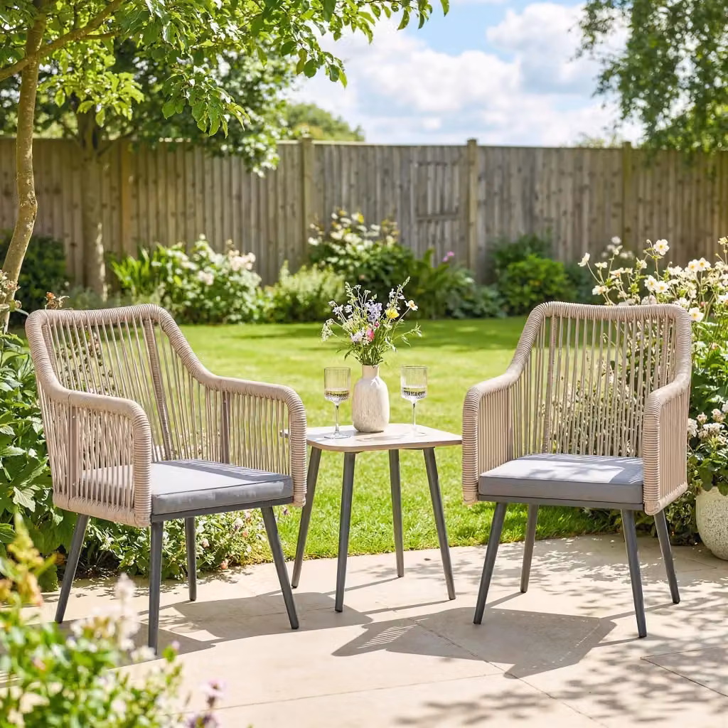 Set di 2 poltrone da giardino Komhtom in metallo e rattan con cuscini, colore grigio e marrone, design moderno per balcone e terrazza – 2