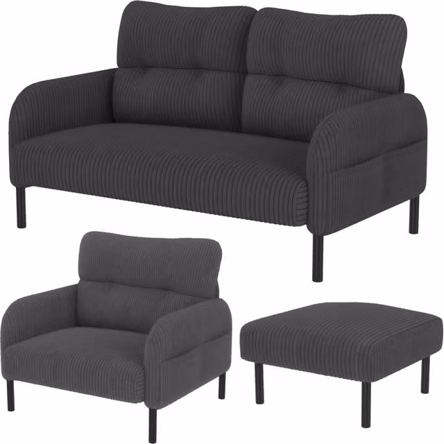 Set Salotto Cord 3 pezzi: divano 2 posti, poltrona e pouf grigio con tasca laterale e struttura in metallo e legno