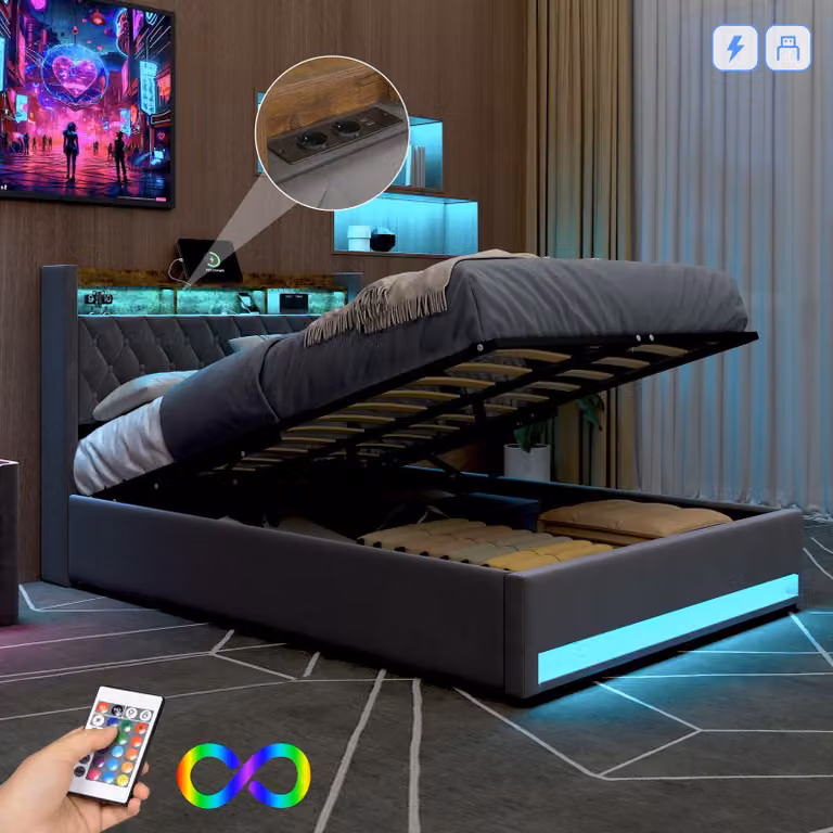 MODFU Letto imbottito 140 x 200 con spazio contenitore, letto multifunzionale con porta USB e illuminazione LED, design sicuro con bordi imbottiti