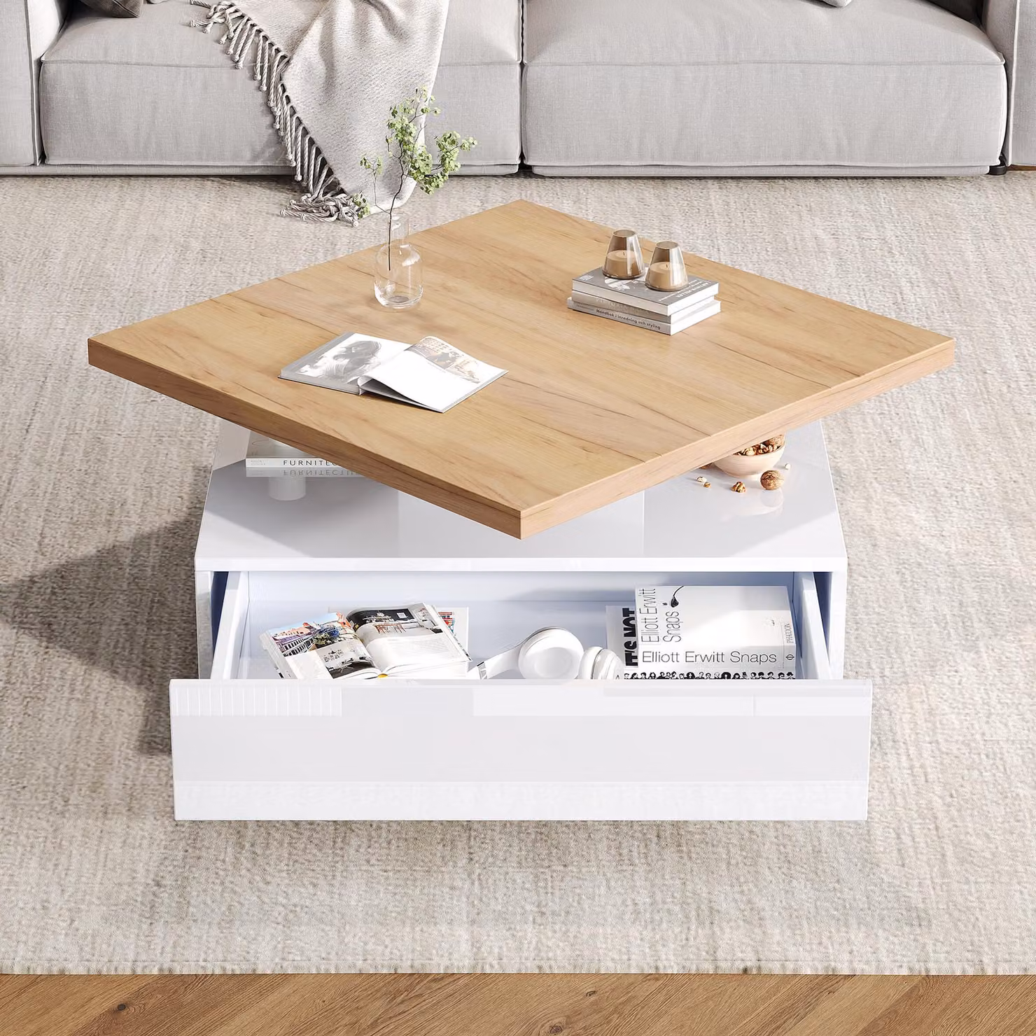 Tavolino da divano 70x70x36 cm in pannello di particelle rivestito in bianco e noce, forma quadrata, piano girevole a 360°, con cassetto e vano aperto per la conservazione