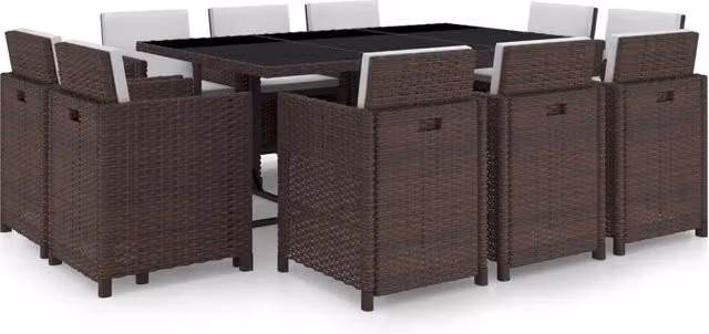 Set di mobili da giardino Outsunny composto da 11 pezzi in resina intrecciata marrone con cuscini bianchi e tavolo in vetro