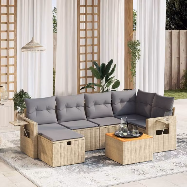 vidaXL Set Divano da Giardino 7 pz a L con Cuscini Beige e Grigio in Polyrattan e Acciaio