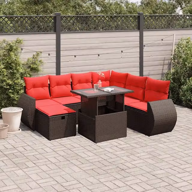 Set da giardino moderno vidaXL composto da 8 pezzi con divano a L, tavolino da caffè, pouf e cuscini marroni in polyrattan e metallo – 1