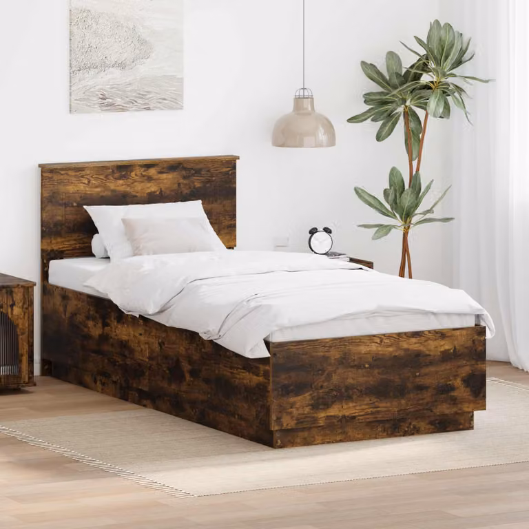Struttura del letto con testiera vidaXL in legno Rovere Fumo, L 90 x P 200 cm