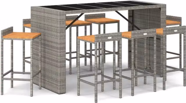 Set Bar Giardino 9pz Grigio Polyrattan e Legno Massello Acacia 3187689