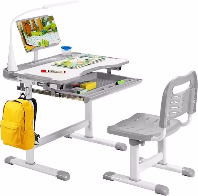 Set Scrivania e Sedia Ergonomica per Bambini Costway, Tavolo Regolabile in Altezza con Piano Inclinabile e Luce LED a 3 Modalità, Grigio