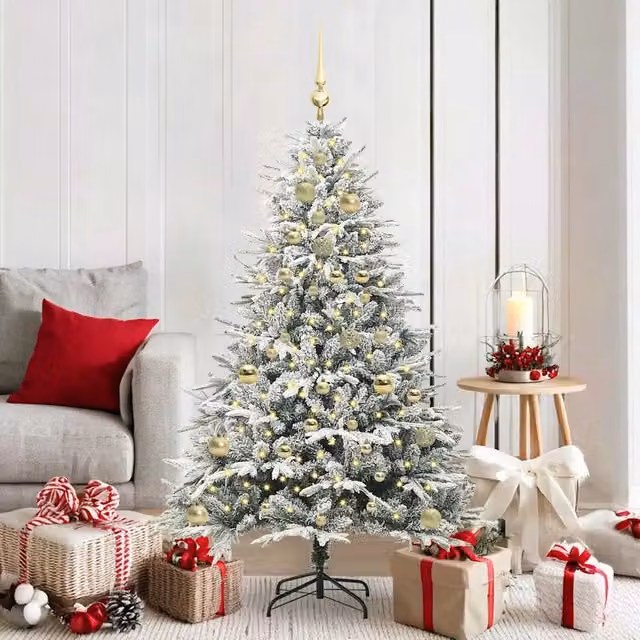 Albero di Natale artificiale moderno verde con luci LED bianco caldo e decorazioni vidaXL