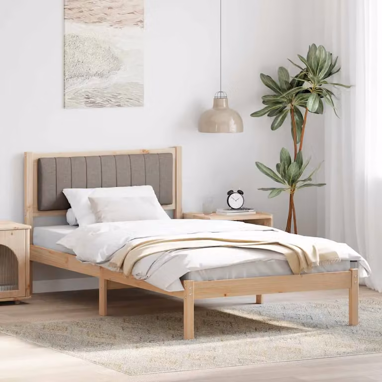 Letto con testiera rivestita vidaXL in pino massello, colore beige/marrone, L/P/H: 100 x 200 cm