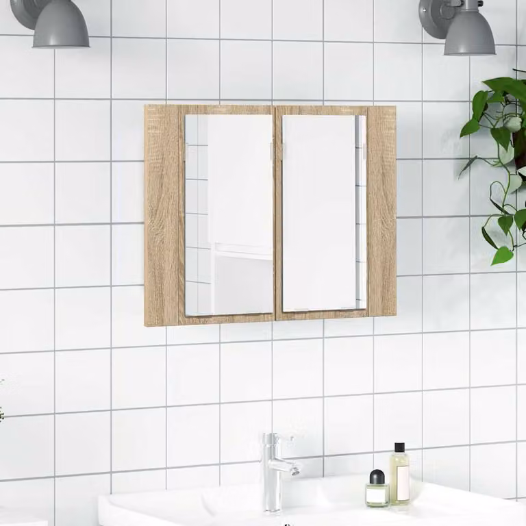 Armadietto a specchio da bagno vidaXL con luci LED, design moderno in Rovere Sonoma e finitura marrone, con ante a battente e ripiani interni, L: 60 cm, H: 45 cm, P: 12 cm
