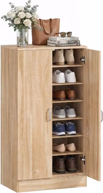 Scarpiera XYLO in legno marrone con 2 ante soft-close e ripiani regolabili, H 108 cm x L 76 cm x P 35 cm