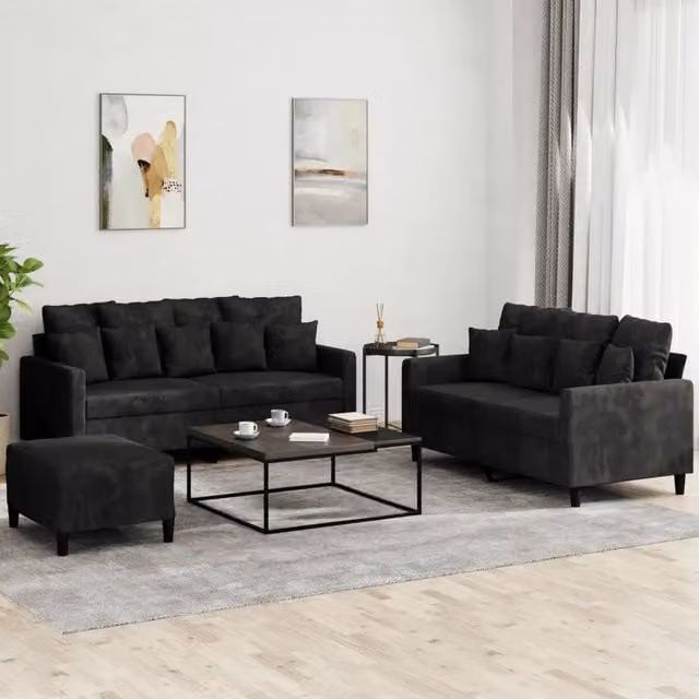 Set di Divani 3 pz con Cuscini Nero in Velluto 3201715