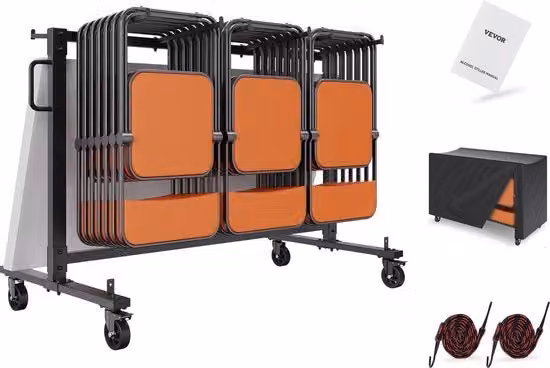 Carrello per 42 Sedute - Con Ruote - Con Estensione - Carrello di Magazzino - Con Cinghie e Copertura - Sedute Ripiegabili - 183x86x114cm - Escluse le Sedute