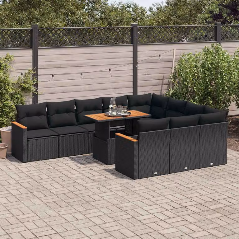 Set Divani da Giardino vidaXL 11 pz in Polyrattan e Legno di Acacia Nero con Cuscini e Tavolino da Caffè