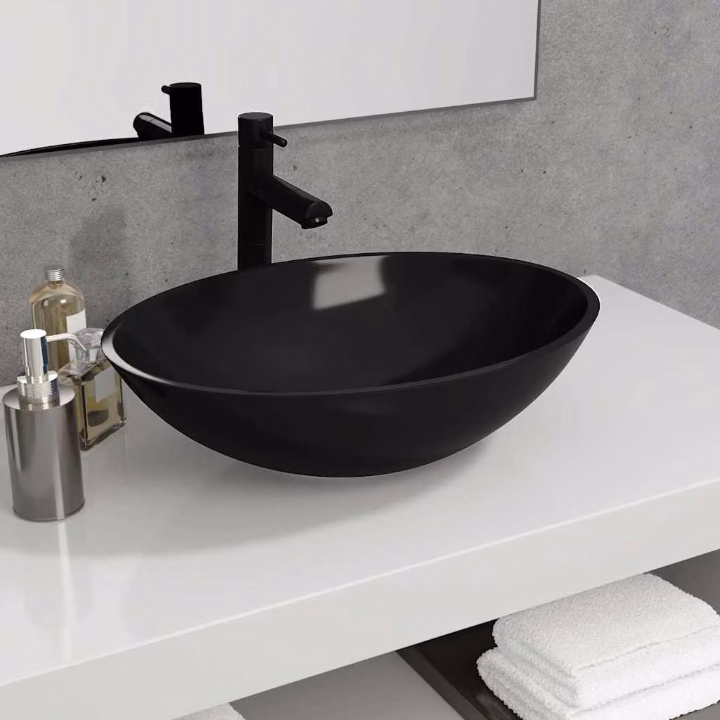 Lavandino da appoggio ovale in vetro nero vidaXL L: 50 cm, P: 37 cm, H: 14 cm
