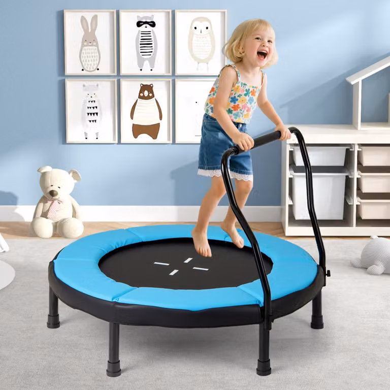 Trampolino mini per bambini Costway con rete di sicurezza, ideale per fitness indoor e outdoor, Blu