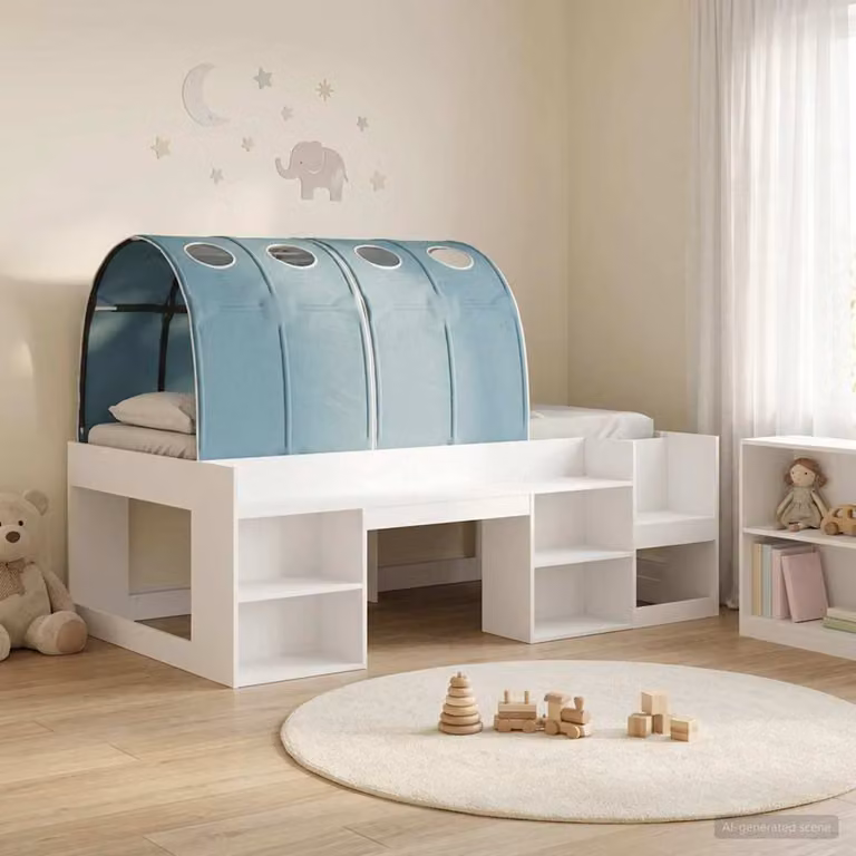 Letto per bambini con tunnel vidaXL in legno ingegnerizzato, Bianco e Azzurro, L 120 x P 65 x H 108,5 cm, con struttura a casetta e scomparti laterali