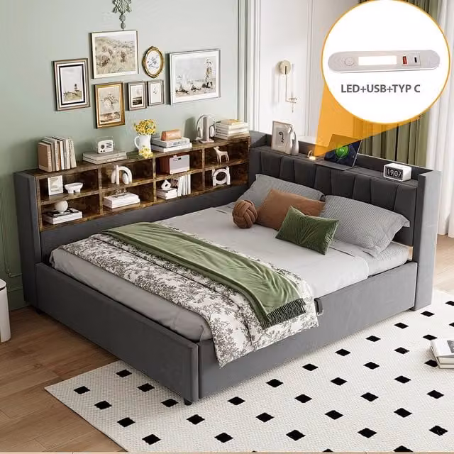 Divano letto-Xylo-140x200 cm-LED, USB-C, velluto grigio scuro