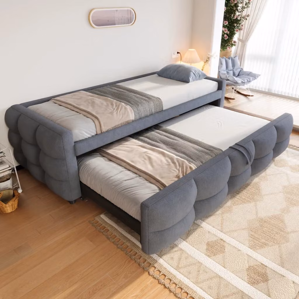 Letto estraibile Teddy con rete, disponibile in versione singolo 90x190 cm o matrimoniale 180x190 cm, rivestimento in tessuto grigio, senza materasso – 2